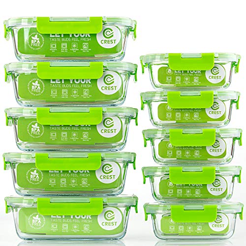 C CREST Glass Containers for Food Storage with Lids, [10-Pack] Meal Prep Containers for Kitchen, Home Use, BPA Free - Green