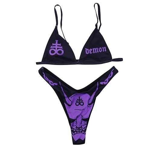 ANKOMINA Women Gothic Skull Letter Printed Two Piece Swimsuit High Cut Triangle Bikini Set for Rave Party Festival Halloween - X-Large - Black E