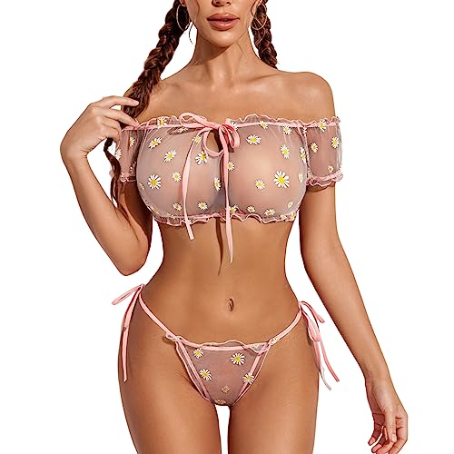 Avidlove Bra and Panty Set Ruffle Lingerie Set Mesh Babydoll Chemise - Medium - Pink Daisy