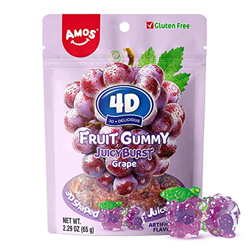 Amos 4D Gummy Candy Fruit Snacks Juicy Burst, Fruity Jelly Filled Gummies, Mothers Day Candy Gift, Resealable 2.29oz Bag（Pack of 6）