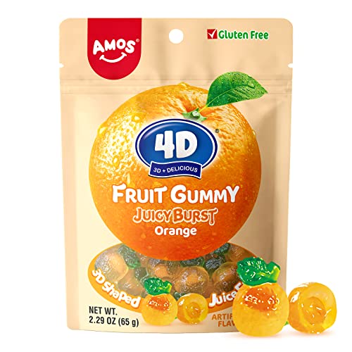 Amos 4D Fruit Gummy Orange Burst, Fruit Snacks Jelly Filled Candy, Gluten Free, Cupcakes Topper Orange Flavor, 2.29oz Per Bag (6 Bags) - Orange 6Pack