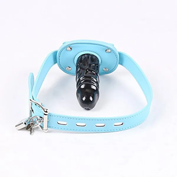YiFeng Leather Lockable Ball Gag w/Lock Bondage Fetish Restraint Slave Roleplay Gimp 4 (Blue, Long)