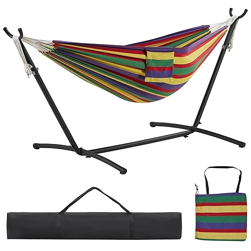 Yaheetech Double People Hammock & Stand Set w/Storage Bag & Carrying Bag, Outdoor/Indoor Heavy-Duty Portable Hammock, 450LB Capacity - Rainbow Stripe - Rainbow Stripe