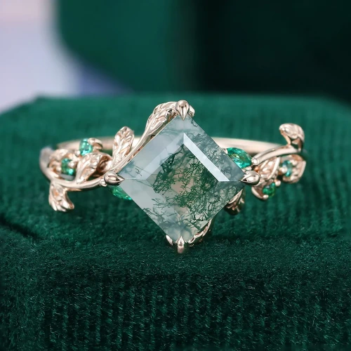Garden Themed Square Cut Moss Agate Leaf Band Ring 14K Gold - MollyJewelryUS