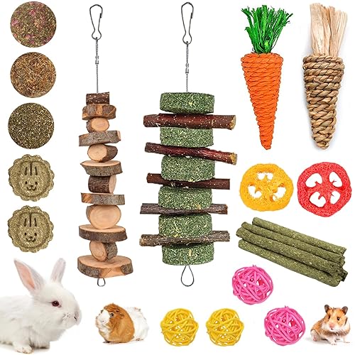 Grddaef 20 PCS Bunny Chew Toys for Teeth, Natural Rabbit Toys Apple Wood Grass Timothy Sticks Chew and Treat for Guinea Pigs Hamster Chinchillas - 20 Pcs