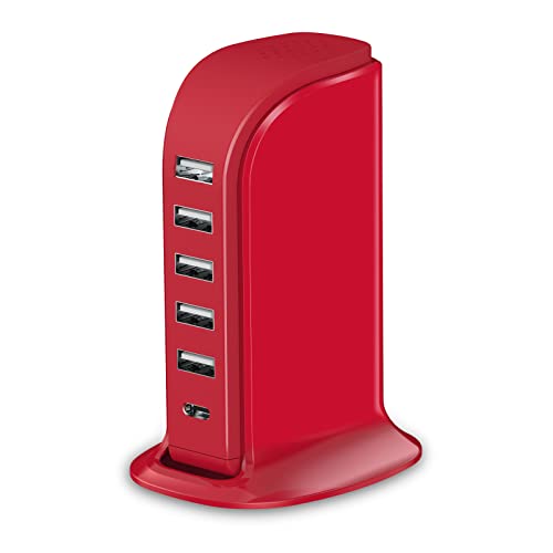 USB Phone Charger 6 Ports 40W Upoy, Type C Wall Charger Smart 6A, Charging Tower with 5ft Power Cord, USB Power Adapter Fast Charging, Smart Home Device Charging Station, iPhone/Ipad Accessories - red charging station