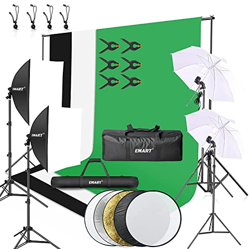 EMART 8.5 x 10 ft Backdrop Support System, Professional Photography Lighting Kit with 43" Reflector | 6x9 FT Muslin Backdrop *3, Umbrellas&Softbox Lighting Kit for Studio, Portrait and Video Shooting