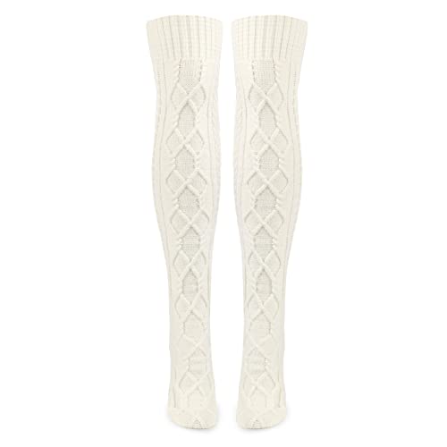LittleForBig Knee High School Girl Boot Socks Extra Long Over The Knee Cable Knitted Stockings - Einheitsgröße - Weiß
