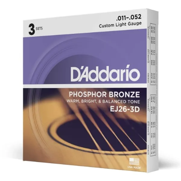 D'Addario Guitar Strings - Phosphor Bronze Acoustic Guitar Strings - EJ26-3D - Rich, Full Tonal Spectrum - For 6 String Guitars - 11-52 Custom Light, 3-Pack - 3-Pack Custom Light, 11-52