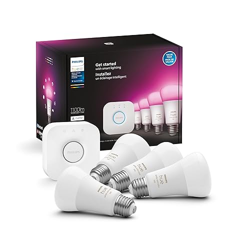 Philips Hue White &Colour Ambiance 10.5W (75W) A19 Base E26 LED Smart Bulb, Colour Changing, Bluetooth & Zigbee Compatible, Voice Activated with Alexa, Music Sync, Starter Kit 4-Set with Hue Bridge