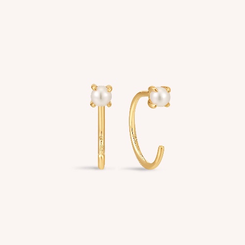 14K Solid Gold Pearl Open Huggie Earrings | Yellow Gold