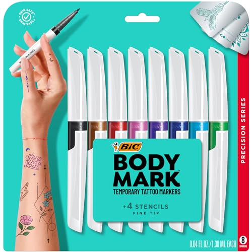 BIC BodyMark Temporary Tattoo Markers for Skin, Precision Series, Fine Tip, 8-Count Pack of Assorted Colors, Skin-Safe*, Cosmetic Quality (MTBFP81-AST) - Precision Series