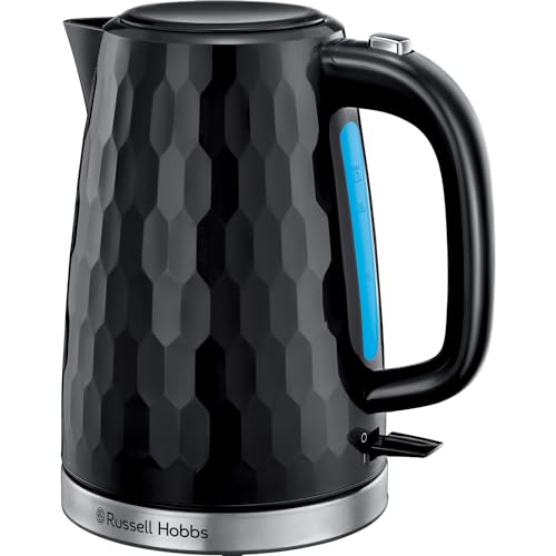 Russell Hobbs Honeycomb Electric 1.7L Cordless Kettle (Fast Boil 3KW, Black premium plastic, matt & high gloss finish, Removable washable anti-scale filter, Push button lid, Perfect pour spout) 26051 - Kettle - Black