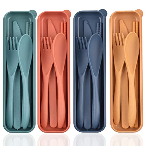 Travel Cutlery Set with Case, Portable Plastic Cutlery Set Reusable Knife Fork Spoon Chopsticks Camping Utensils Set (4 Sets)
