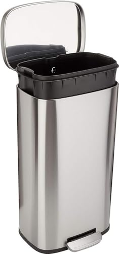 Amazon Basics Rectangular Kitchen Bin With Steel Bar Pedal, Soft-Closing Mechanism For Home and Office Use, 30 Litre/7.9 Gallon, Satin Nickel Finish - 30L / 7.9 Gallon