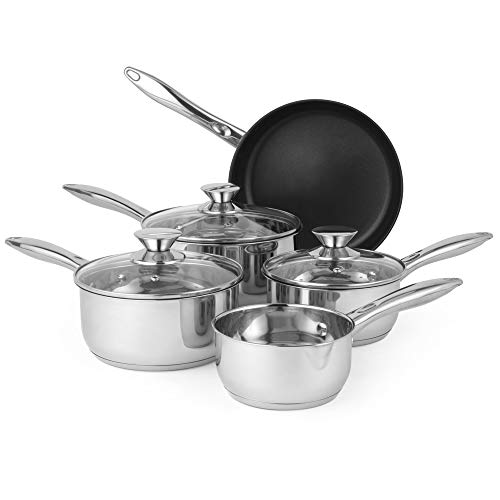 Russell Hobbs BW06572 5 Piece Pan Set - Classic Collection14/16/18/20/24 cm, Stainless Steel, Non-Stick, Suitable for Induction, Gas and Electric Hobs, Includes Tempered Glass Lids, 5 Year Guarantee - Pan Set