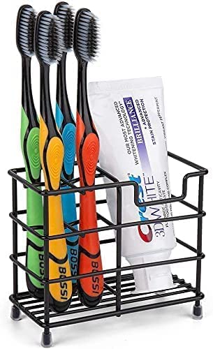 Toothbrush Holder Stainless Steel Black, Small Ventilated Mould-Proof Toothbrush Caddy, Antibacterial Metal Toothpaste Stand for Easy Bathroom Storage