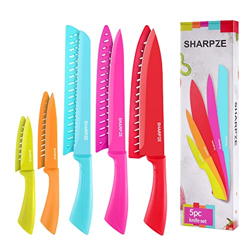 Kitchen Knife Set 5-PCs with Covers - Colour Coded Non-Stick Kitchen Knives Sets with Sheaths- Rust-Resistant Carbon Steel Chef Knife, Bread Knife, Slicing Knife, Utility & Paring Knife - Colored