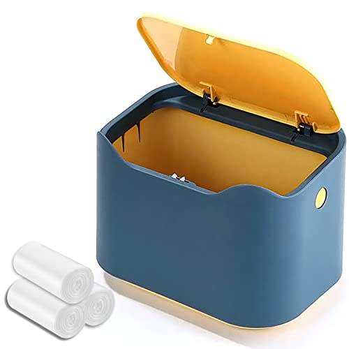 YAGGOOD Small desk bin mini waste bin with lid kids dustbin trash can for classic desk, desktop, bedroom, office table top bin in blue and yellow color - blue+yellow