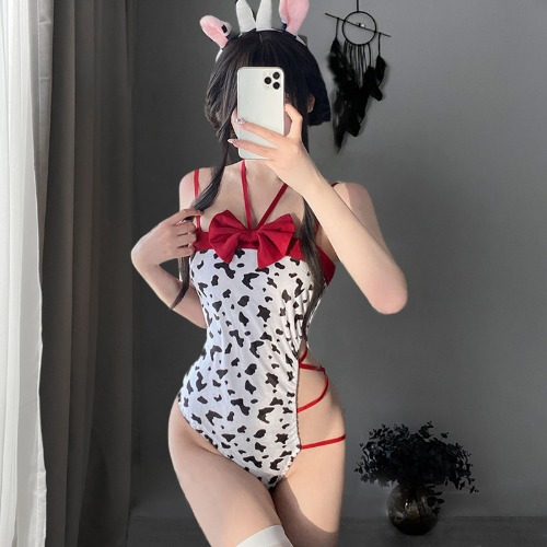 Amorino Anime Cow Print Cosplay Bodysuit - Red / S