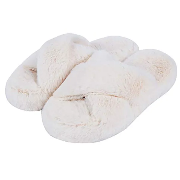 DL Fluffy Womens House Slippers Cross Band Open Toe, Soft Plush Fleece Bedroom Slippers Women Memory Foam, Comfy Fuzzy Slip On Non-Slip Womens Slippers Indoor Pink Gray Black White