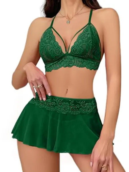 CRIPOM Sexy Lingerie for Women Naughty 3 Piece Lace Bralette, Mini Skirt with G-String Crotchless Lingerie Outfits