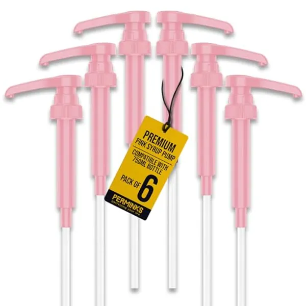 PERMINKS Premium Syrup Pump Compatible with Torani 750 ml Bottle, Davinci Syrups - No Spill, No Clog Syrup Pump Dispenser for Vanilla, Snow Cone, Blueberry, Coffee Flavoring & More (Pack of 6, Pink)