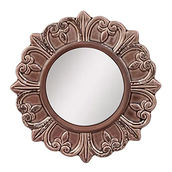 Stonebriar Decorative 9" Warm Taupe Round Ceramic Accent Wall Mirror