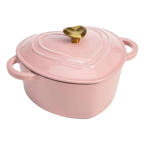 Paris Hilton Enameled Cast Iron Dutch Oven Heart-Shaped Pot with Lid, Dual Handles, Works on All Stovetops, Oven Safe to 500°F, 2-Quart, Pink
