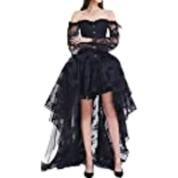 EUDOLAH Femme Corset Guêpière Vintage avec Robe pour Soirée Halloween Ensemble 3 Pièces en Dentelle Gothique Mariage