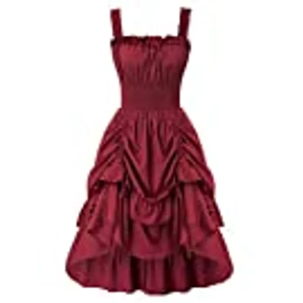 SCARLET DARKNESS Retro Robe Bretelles Femme Longue Ourlet a Volant Asymetrique A-Line Victorienne Steampunk Gothique Medieval Deguisement
