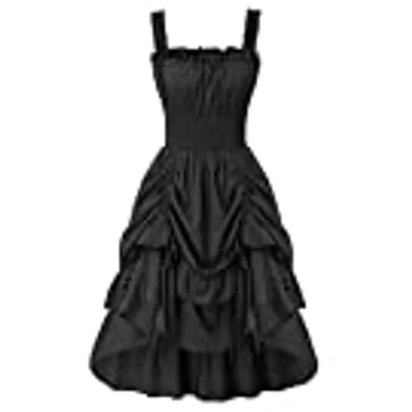 SCARLET DARKNESS Retro Robe Bretelles Femme Longue Ourlet a Volant Asymetrique A-Line Victorienne Steampunk Gothique Medieval Deguisement