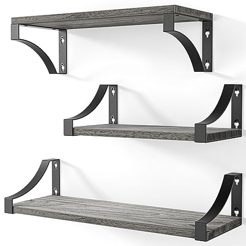 AMADA HOMEFURNISHING Wall Shelves Set of 3, Floating Shelves for Bedroom Decor, Hold up to 55lbs, Rustic Wood Wall Shelves for Bedroom, Bathroom, Living Room, Kitchen, Storage & Decoration, Gray - Grey - 3 Sets