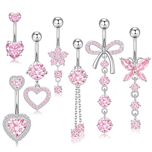 WINSENET 14G Belly Button Ring Dangle Belly Button Piercing Surgical Stainless Steel Belly Rings Cute CZ Heart Butterfly Flower Dangling Belly Piercing Jewelry for Women 7Pcs - Pink Cz-silver