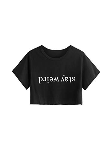 SweatyRocks Women's Summer Letter Print Crop Top T-Shirts Casual Short Sleeve Cropped Tee - Large - Black-10