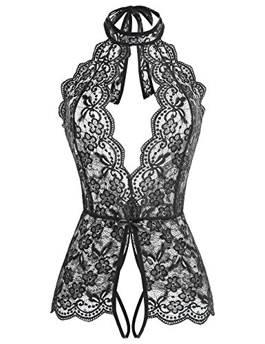 Women Lingerie for Women Deep V Halter One Piece Teddy Bodysuit - Large - Dark Black