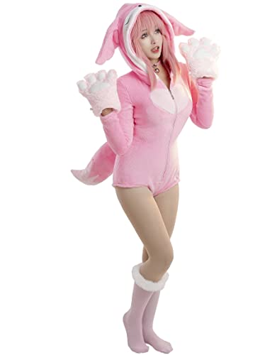 Mobbunny Women Hooded Romper Onesie Pajamas Bodysuit With Gloves Deep V Kawaii Fluffy Fox Cosplay Costume - X-Large - Pink
