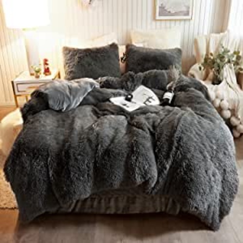 XeGe Plush Shaggy Duvet Cover Set, Luxury Ultra Soft Crystal Velvet Fluffy Bedding Sets 3 Pieces(1 Furry Faux Fur Comforter Cover + 2 Fuzzy Faux Fur Pillowcases), Zipper Closure(Queen, Dark Gray) - Queen Dark Gray