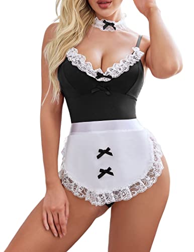 Avidlove Women Maid Costume Set Sexy Halloween Cosplay Lingerie Teddy and Apron with Choker - X-Large - Black
