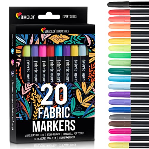 Zenacolor 20 Fabric Markers Pens Set - Non Toxic, Indelible and Permanent Fabric Paint Fine Point Textile Marker Pen