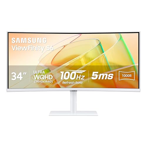 SAMSUNG 34” ViewFinity S65TC Series Ultra-WQHD 1000R Curved Computer Monitor, HDR10, 100Hz, AMD FreeSync, Thunderbolt 4, Height Adjustable Stand, Built-in Speakers, Eye Care, LS34C650TANXGO, 2024 - White - 34-in Curved - 21:9 + Built in Speakers - + Thunderbolt 4