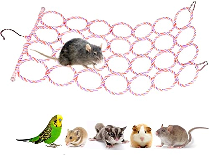 Rat Climbing Net Toy for Cage, Rat Toys for Pet Rats, Bird Hemp Rope Perch Swing, Ladder Rope Bridge Hanging Hammock, Small Animal Activity Toy for Gerbil, Mouse, Mice, Parrot, Bird (Random Color)