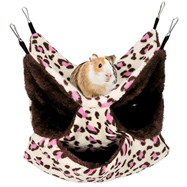 AUXSOUL Rat Hammocks for Cage, 3 Layer Pet Hammock, Soft Hamster Bed, Warm Chinchilla Hanging House, Plush Sugar Glider Cage, Small Animal Beds for Playing Sleeping (Leopard)