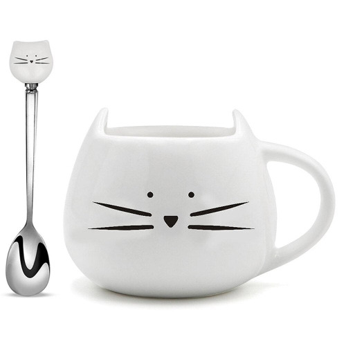 Ceramic Cute Cat Mugs With Spoon - White / 400ml