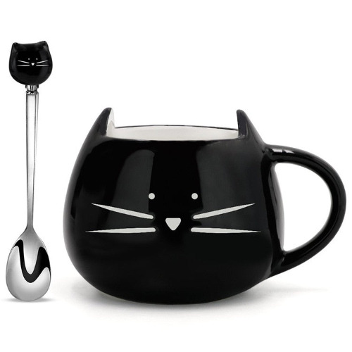 Ceramic Cute Cat Mugs With Spoon - Black / 400ml