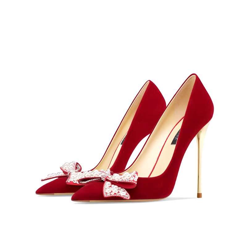 Bombas de rebanho vermelho com pérolas e miçangas para mulheres, gravata borboleta, sapatos de noite, dedo apontado, saltos fashion, outono, inverno, lolita - AliExpress 322