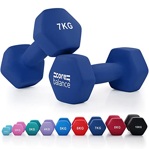 Core Balance Dumbbell Pair Hex Weight Neoprene Coated Cast Iron Strength Training (2 x 1kg, 2kg, 3kg, 4kg, 5kg, 6kg, 7kg, 8kg, or 10kg) - 2 x 7kg - Navy Blue