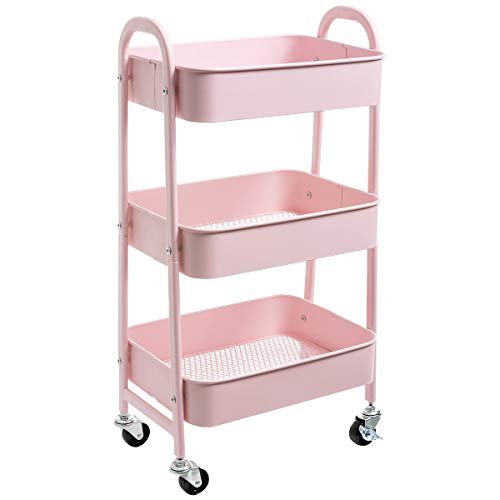 DOEWORKS Storage Cart 3 Tier Metal Utility Cart Rolling Trolley Cart Organizer Cart with Wheels for Kitchen Makeup Bathroom Office, Light Pink - Light Pink