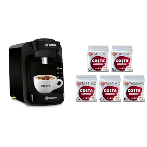 Tassimo by Bosch Suny 'Special Edition' Black, Single Serve Capsule Coffee Machine with Costa Cappuccino starter bundle x 40 drinks - Tassimo Costa Cappuccino Coffee Pods - Black