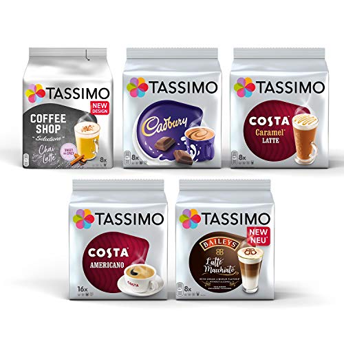Tassimo Coffee Selection - Costa Americano/Caramel Latte/Cadbury Hot Chocolate/Chai Latte/Baileys Latte Macchiato Coffee Pods- 5 Packs (48 Servings)